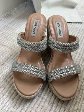 Steve Madden Nude Espadrille Wedge Sandals with Silver Crystal Straps